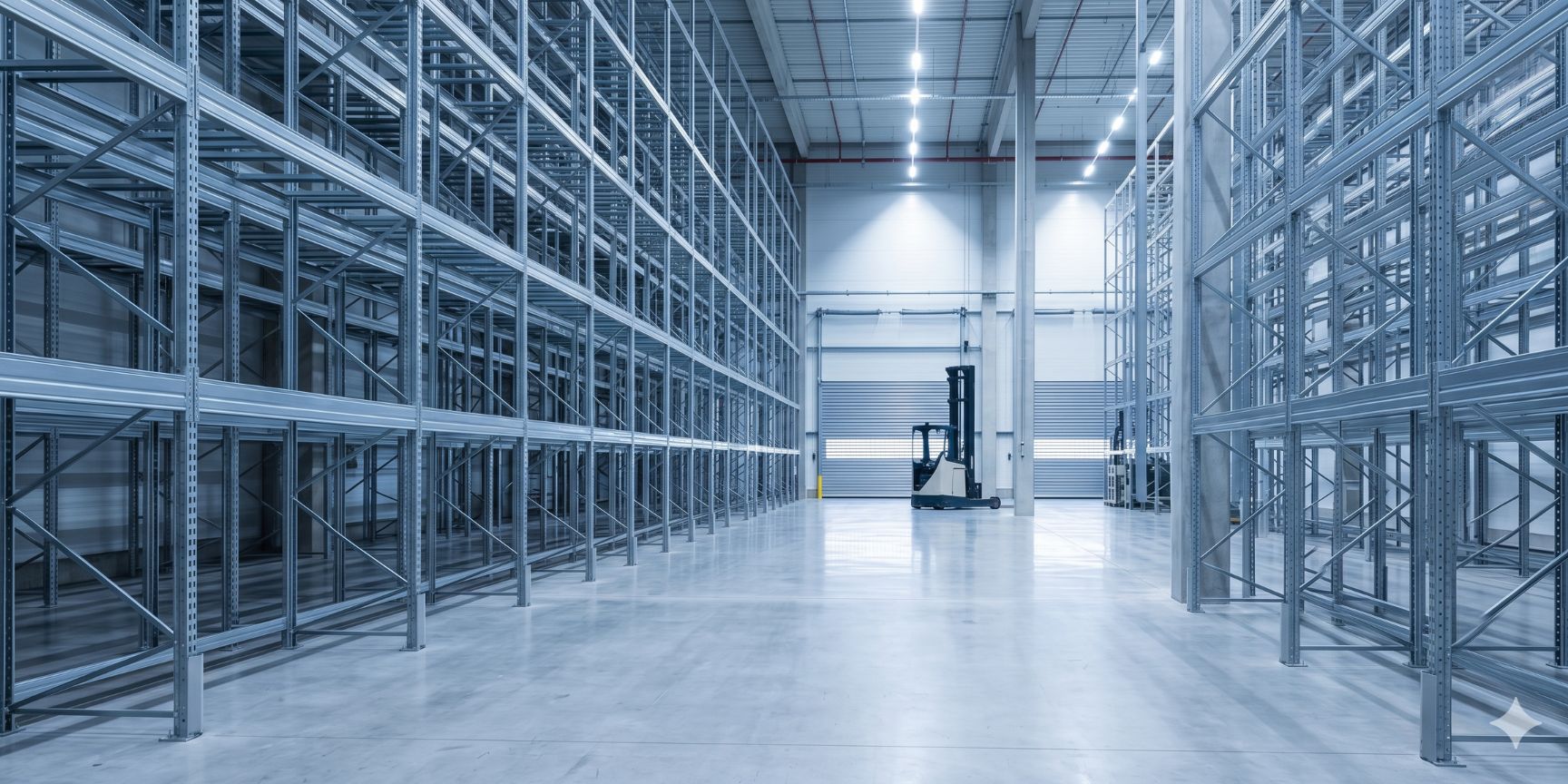 Moderne Logistikhalle, lange leere Regalreihen, sauberer Betonboden, ungenutzte Lagerkapazität, hoher Leerstand, Fachartikel Bild Kontraktlogistik Asset Management